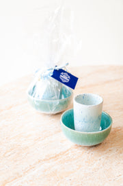 Geschenkset Müsli+Becher weiß/türkis